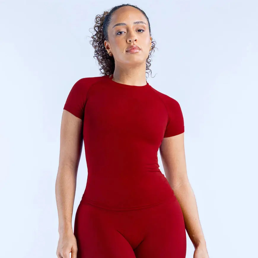 Dfyne Women's High-Stretch Workout Set: Short Sleeve Top and High-Waist Active Bottoms for Gym and Everyday Wear
