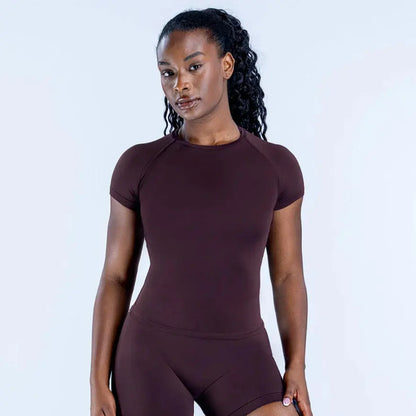 Dfyne Women's High-Stretch Workout Set: Short Sleeve Top and High-Waist Active Bottoms for Gym and Everyday Wear